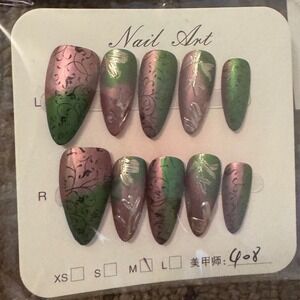 Nail Art Press‎ On Nails Green Pink Almond Shape Full Cover False Nails